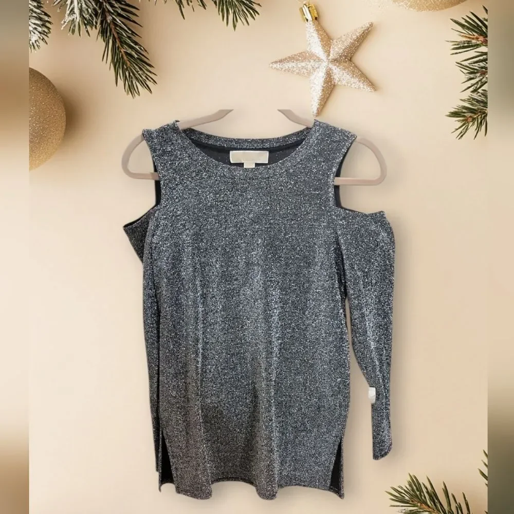 Michael Kors Shimmery Silver Cold Shoulder Sweater Sz M
